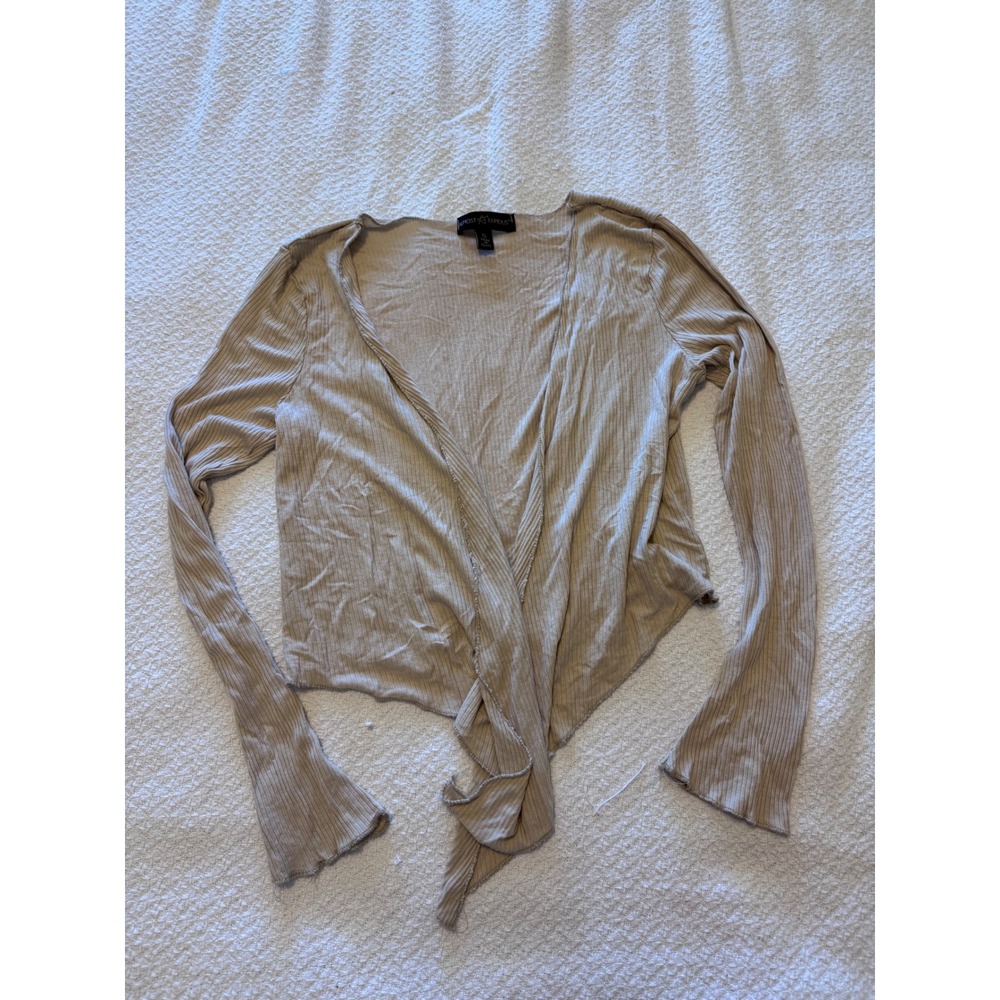 Almost Famous Tan Ribbed Long Sleeve Front Tie Crop Top Lettuce Edge Small